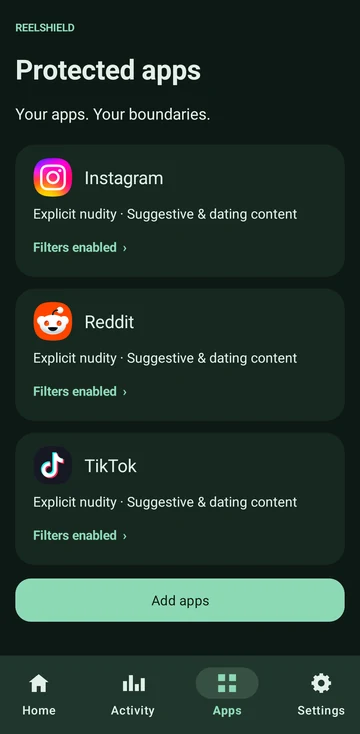 Real ReelShield protected-app selection showing Instagram, Reddit and TikTok.