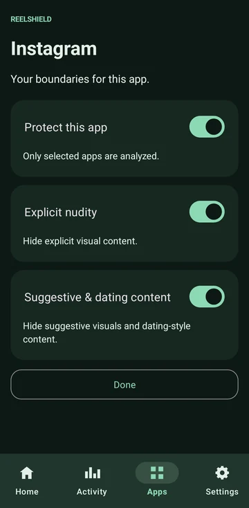 Real ReelShield per-app filter controls.