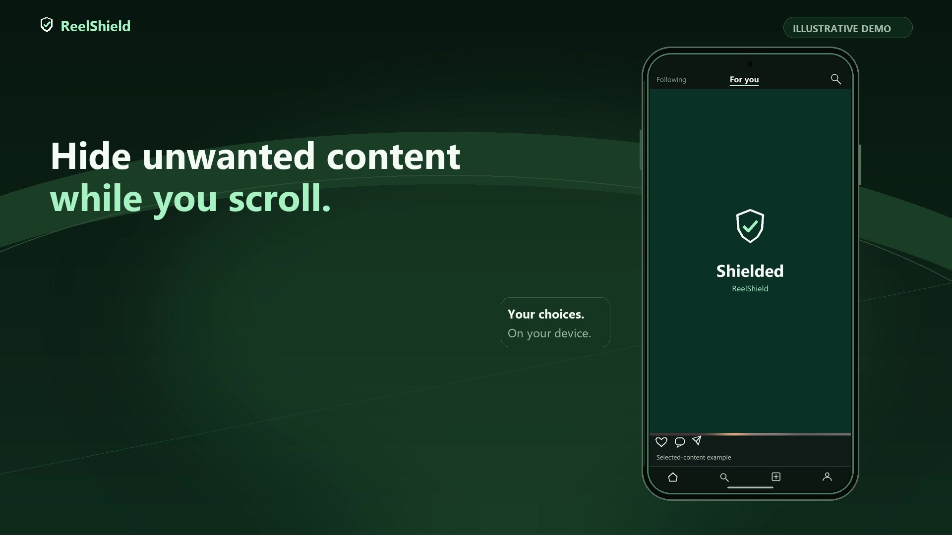 Illustrative ReelShield demo showing the opaque Shielded cover in a fictional social feed.
